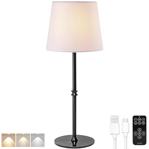 BLUEYE Rechargeable Table Lamps,Remote Control,Soft Warm 2700K-6000K,No Flicker,Replaceable Bulb,450Lumens,40W Equivalent,Detachable Charging,3 Timers,White Shade,Cordless for Restaurant,1Pack,Black