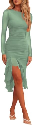 Hocuos Womens 2025 Round Neck Long Sleeve Ruffle Hem Midi Dress M...