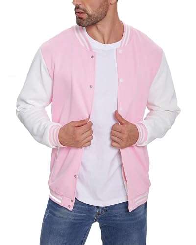 DHSPKN Men's Varsity Baseball Jackets Causal Slim Fit Varsity Letterman Jacket Boys Bomber Jackets,Pink,M