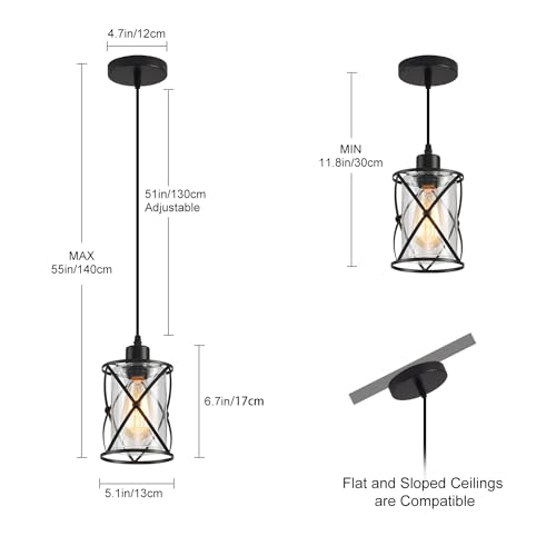 3 Lights Industrial Pendant Light with Glass Shade Matte Black Pendant Lighting Adjustable Industrial Retro Style Hanging Light,Kitchen Island Farmhouse Pendant Lights Fixtures for Kitchen,Farmhouse - Image 6