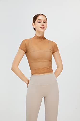 BaronHong Camiseta regata feminina de manga curta para exercícios de ginástica de malha transparente