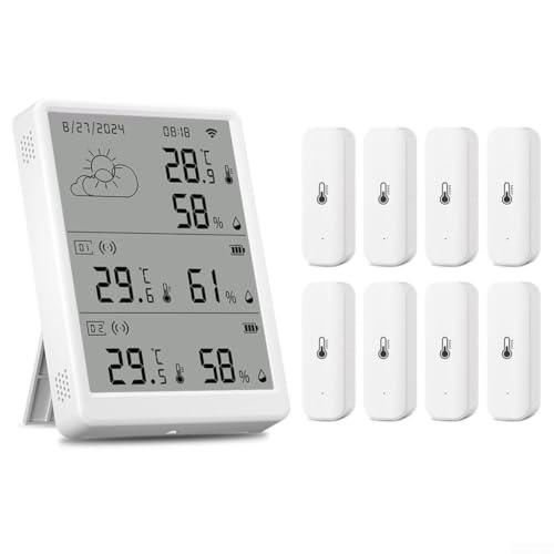 RF433 Monitor inalámbrico de temperatura y humedad para Tuya Smart Home System Pantalla LCD 100 metros de distancia de comunicación (1* Monitor+8* Sensor)