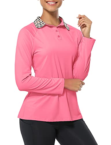Koralhy Womens Golf Polo Shirt, Casual Lapel Slim Color-Block Long Sleeve V-Neck Quick Dry Upf 50+ Sun Protection Button Tennis Sport Shirts Tops Pink Medium #TOP1