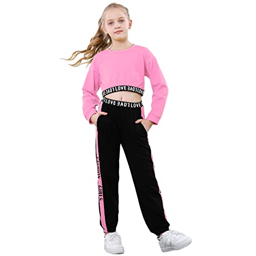 Image of Betusline Girls 2 Piece Outfits Girls Cropped Sweatsuit Pants Outfit Clothes Set, 4T-14 Years
