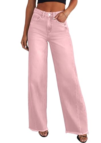 PRETTYGARDEN Wide Leg Jeans for Women Trendy High Waisted Stretchy Baggy Raw Hem Denim Palazzo Pants 2026 Spring Fall Clothes (Pink 8)