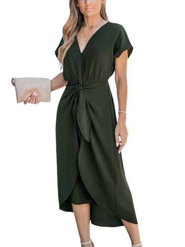 CUPSHE Women's V Neck Wrap Dress Twisted Slit Pleated Waist Tie Short Sleeve Summer Midi Dresses