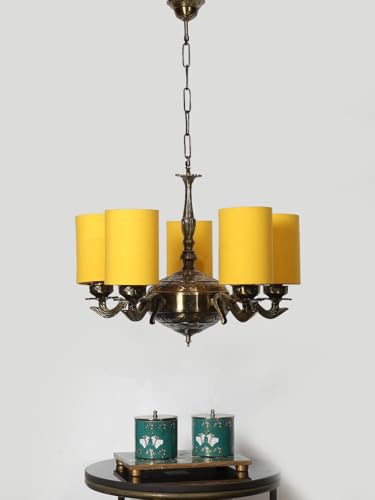 Image of Devansh 05 Lights Yellow Round Cotton Shade with Antique Golden Chandelier