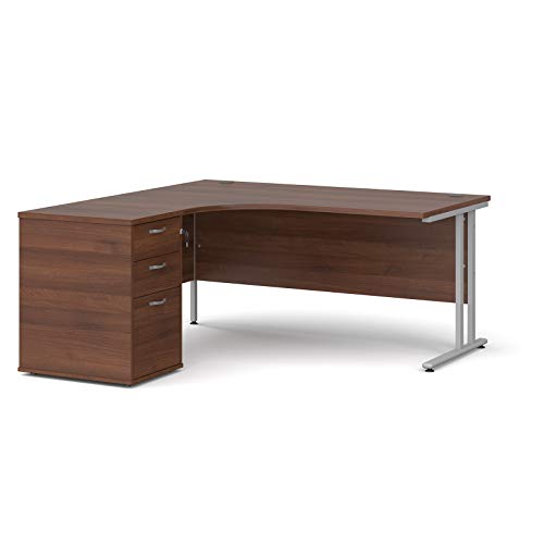 Mr Office Maestro 25 left hand ergonomic desk with silver cantilever frame and desk high pedestal bundle, Walnut, 1600