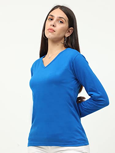 Image of FLEXIMAA Women's Cotton Plain V Neck Full Sleeve T-Shirt