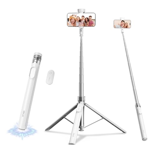 Image of 66 inch Automatic Phone Tripod Stand with Remote, Cell Phone Tripod for iPhone Video Recording & Live Streaming, Adjustable Selfie Stick Tripod for Content Creators, Vloggers,White