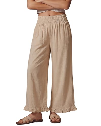 GRAPENT Womens Pull on Pants Linen Wide Leg Pants for Women Linen Trousers Women Pantalones para Mujer Almond Large US Size 12-14