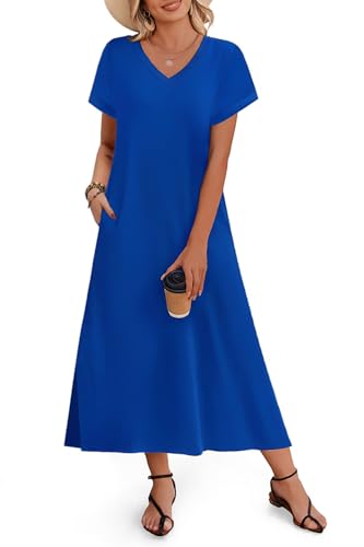 Image of Zeagoo Women Summer Floral Dress Short Sleeve Beach Dress with Pockets Casual V-Neck Split Long T-Shirt Dress Travel Vacation