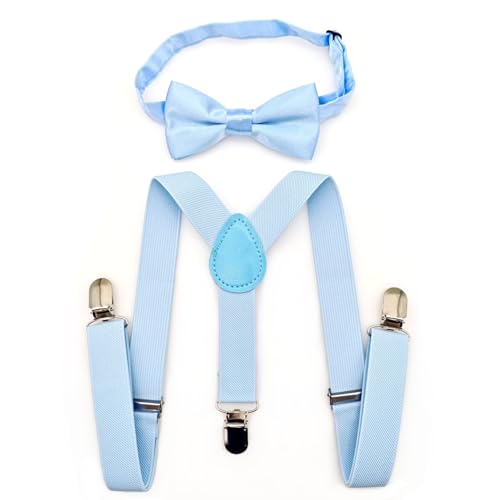 JZK Ensemble bleu bébé nœud papillon et bretelles pour enfants garçons moins 135 cm, réglables forme de Y bleu clair bretelles avec nœud papillon pour petit garçon pour mariage, fête, déguisement