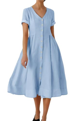 chouyatou Women's Summer Fit and Flare Swing Cotton Dress Casual V-Neck Button Down Beach Midi Dress