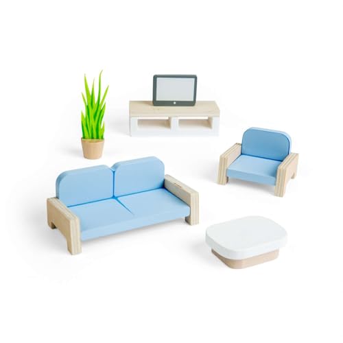 Salon de poupée en bois Bigjigs Toys avec mini canapé et TV pour enfants dès 3 ans