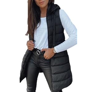 Veatzaer – Chaleco largo para mujer, unicolor, sin mangas, con capucha, chaleco acolchado de invierno