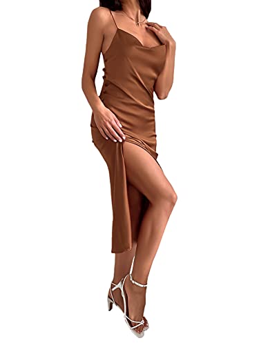 SheIn Women s Sexy Satin Thigh High Split Backless Spaghetti Strap Midi Dress Coffee Brown Small