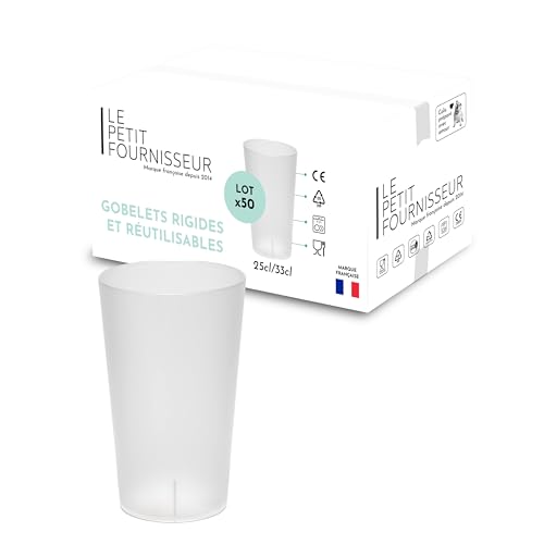 LPF LE PETIT FOURNISSEUR - Lot de 50 Gobelets réutilisables 25cl (33cl à ras-bord) - Polypropylène (PP) alimentaire rigide - Gobelets plastique durables - Compatible...