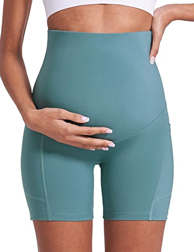 Image of Enerful Women's Maternity Yoga Shorts Over The Belly Comfy Workout Running Active Biker Pregnancy Pants with Pockets 5 inch