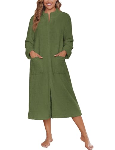 Image of Ekouaer Women Zipper Robe Fleece Long Sleeves Bathrobe Sleepwear Warm Soft Housecoat with Pockets Zip Up House Dresses
