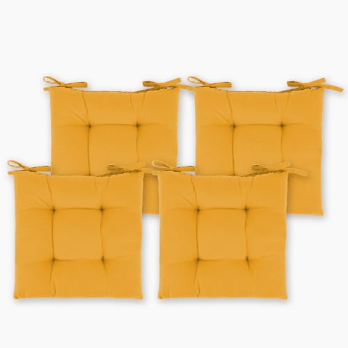 Koisas Kasa - Pack 4 Cojines para Sillas con Cintas Tamaño 40 x 40 x 8 cm Estampados Lisos, Ideal para Comedor, Terraza, Sala y Restaurante, Relleno 100% Poliuretano (Mostaza)