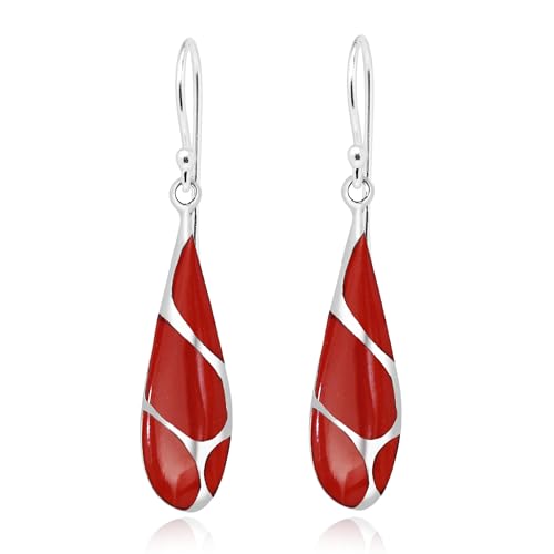 AeraVida Vintage Stone Teardrop Birthstone Sterling Silver Earrings, 9x45 mm | Dangle Earrings for Women (Red)