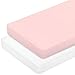 TILLYOU Jersey Knit Stretchy Pack N Play Sheets Fitted, Ultra Soft Portable/Mini-Crib Sheets Set for Baby Girls Boys, Breathable Lightweight Playard Playpen Sheets, 2 Pack Peachy Pink & White