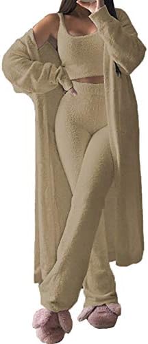 Linsery Lady Sherpa Three Piece Fleece Outfits Open Front Cardigans Crop Vest Top Wide Leg Pants Sweatsuit Sets Camel M