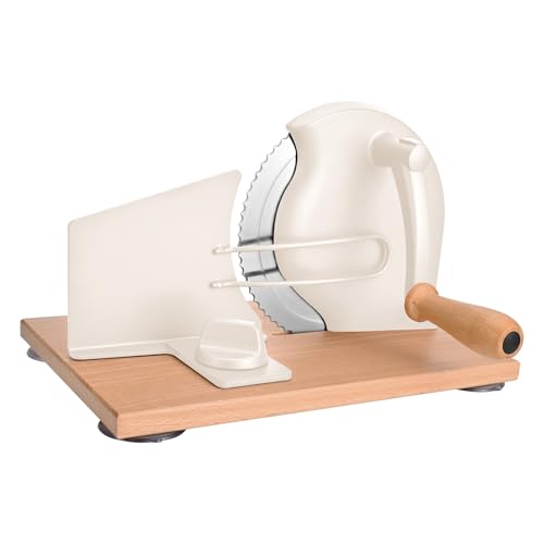 SOWKIPE Manual Bread Slicer with Hand Crank, Classic Home Bread Slicer for Homemade Sourdough, Rotary Slicer with Adjustable Thickness, Premium Stainless Steel & Powerful Suction Cups (White)