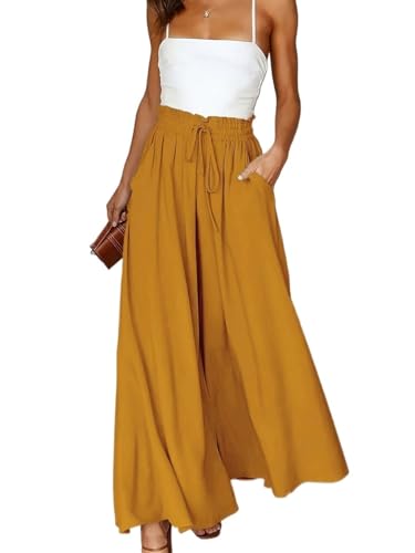 Womens Classic Casual Pants Solid Color Wide Leg Loose Pants With Ruffle Trim And Waist Tie
