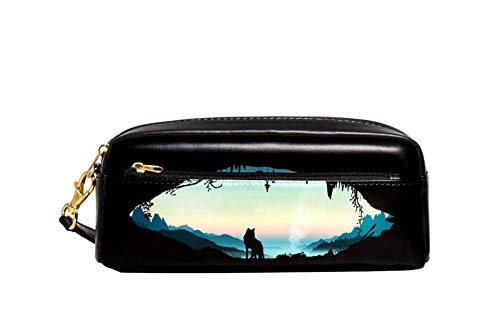 Carrozza ペンケース 筆箱 学生 化粧ポーチ レディース 山 動物柄 オオカミ ポーチ 文房具 子供 収納バッグ 大容量 PUレザー 革 おしゃれ かわいい 通勤 通学