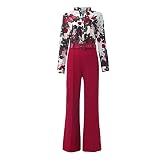 SCBFDI Hemdes Frauen Leichtes 2 Teiler Bohemian Polyester Tropischer Druck Trikot Frauenkleidern Hohe Taille V Ausschnitt Langarm Taillierte Frühling Worker mit Knoten Rot