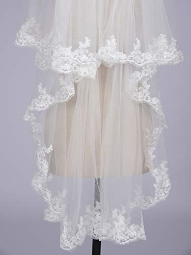 Misshow Women's Short 2 Tier Tulle Sheer Lace Wedding Bridal Veil With Comb,Ivory #TOP3