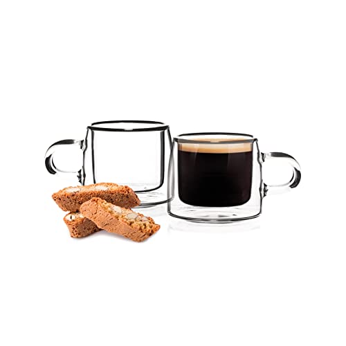 HOMLA Cembra Lot de 2 tasses en verre double paroi - Pour café, thé, latte macchiato capuccino - Passe au lave-vaisselle Hauteur 5,5 cm Hauteur 0,08 l Cover