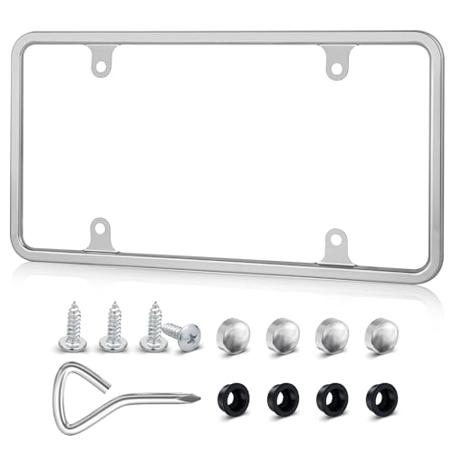 RED WOLF Chrome Polished Mirror License Plate Frame Stainless Steel Without Obstruction Car Slim Silver License Plate Holder Rustproof Unbreakable with Screws 6 x 12 Universal for Car Van (1-Pack)