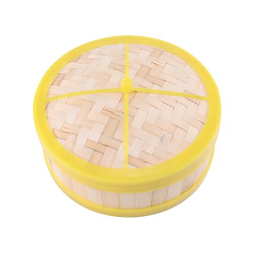 Beaupretty 黄色プラスチック縁付き竹片蒸籠 蓋付 一段蒸し器 点心用 包子野菜飯蒸し器 家用 耐久設計