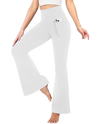 TNNZEET Schlaghose Damen High Waist Mit Taschen, Yogahose Flared Leggings Blickdicht Bootcut Jazzpants Jogginghose Für Gym Sport(Weiß,S)