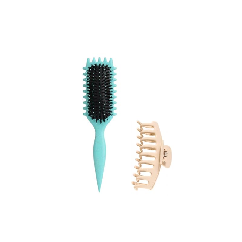 Cepillo para Pelo Rizado + 1 Pinza de pelo. Bounce Curl Brush, Para Desenredar, Dar Forma y Definir Rizos, 28 x 7 cm (Verde, 28)