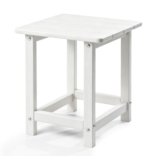 Image of Outdoor Side Table - Square All-Weather HDPE End Table with Wood-Look Finish, Heavy Duty Composite for Patio & Garden (White)