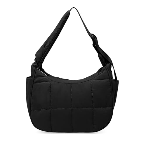 Image of Small Puffer Crescent Underarm Shoulder Bag for Women, Nylon Quilted Purses Handbags with Adjustable Strap, Black