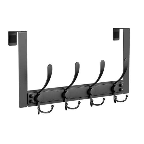 BAKON Over The Door Towel Rack with 4 Triple Hooks, Heavy Duty Over Door Hooks for Bathroom Closet Laundry Room Home Organizer, Door Hanger Coat Rack for Hanging Clothes Backpack Purse (1, Black)