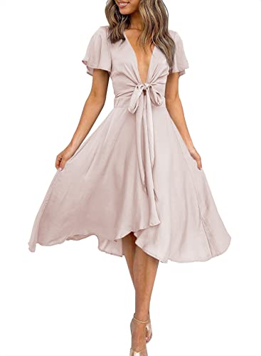Image of miduo Womens Satin V Neck Ruffle Short Sleeve Tie Front High Waist Midi A-Line Maxi Dresses