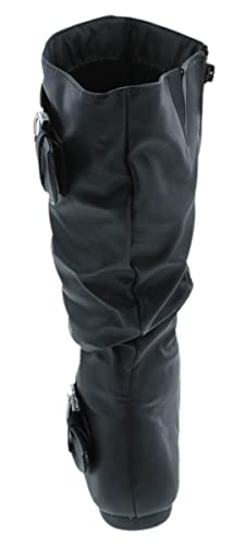 Image of Forever Link Women's Klein-70 Closed Round Toe Buckle Slouch Flat Heel Mid-Calf Boot