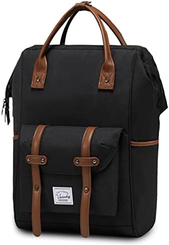 VASCHY Laptop Backpack for Women, 15.6inch Computer Vintage School Backpack Mens with USB Charging Port Water Resistant Wide Open Work Rucksack for College Business Travel, Black