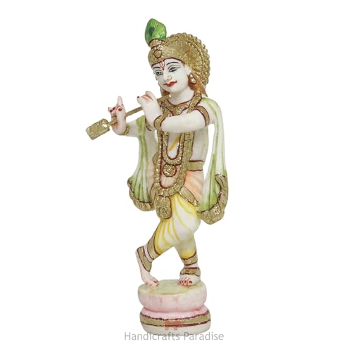 Image of Handicrafts Paradise Culture Marble Hand Painted Krishna Intricately Carved Showpiece for Home Decor and Puja - 6 inch