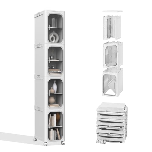 Image of 4-Tier Slim Tall Bathroom Cabinet, Plastic Narrow Cabinet with Doors and Shelves, Floorstanding Skinny Cabinets with Wheels