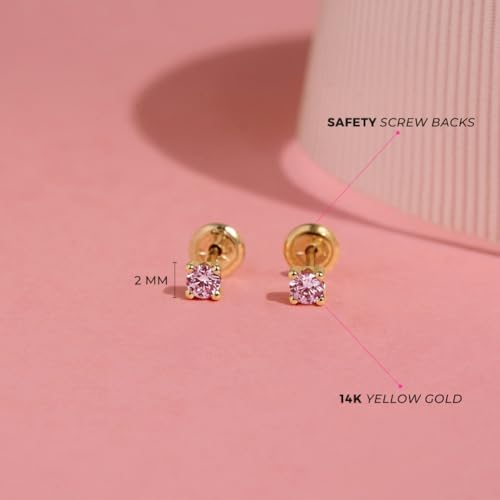 14k Yellow Gold Tiny Pink 2mm-3mm Cubic Zirconia Screw Back Earrings for Baby Girls - Small Round Stud Earrings for Newborn, Infants, & Toddlers - Safety Screw Back Locking & Tiny CZ Studs4