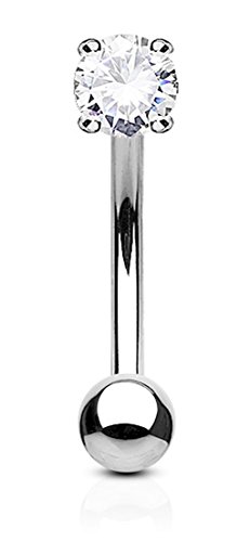 Forbidden Body Jewelry 16g 8mm Surgical Steel Curved Barbell w Solitaire CZ for Daith, Eyebrow & Rook Piercings (Clear)