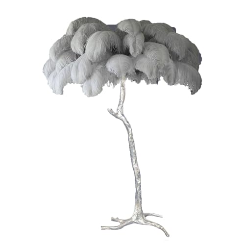 Lámpara romántica para Dormitorio de niña, lámpara de pie de Plumas de Avestruz Natural, Cuerpo de Resina Plateada, lámpara de pie, 3 Colores, Regulable, con Interruptor de pie, Bombilla LED E14, Gri