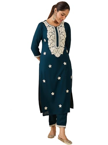 Image of INDO ERA Women's Viscose Rayon Floral Embroidered Straight Calf Length Kurta & Pant Set (IESTR11471)